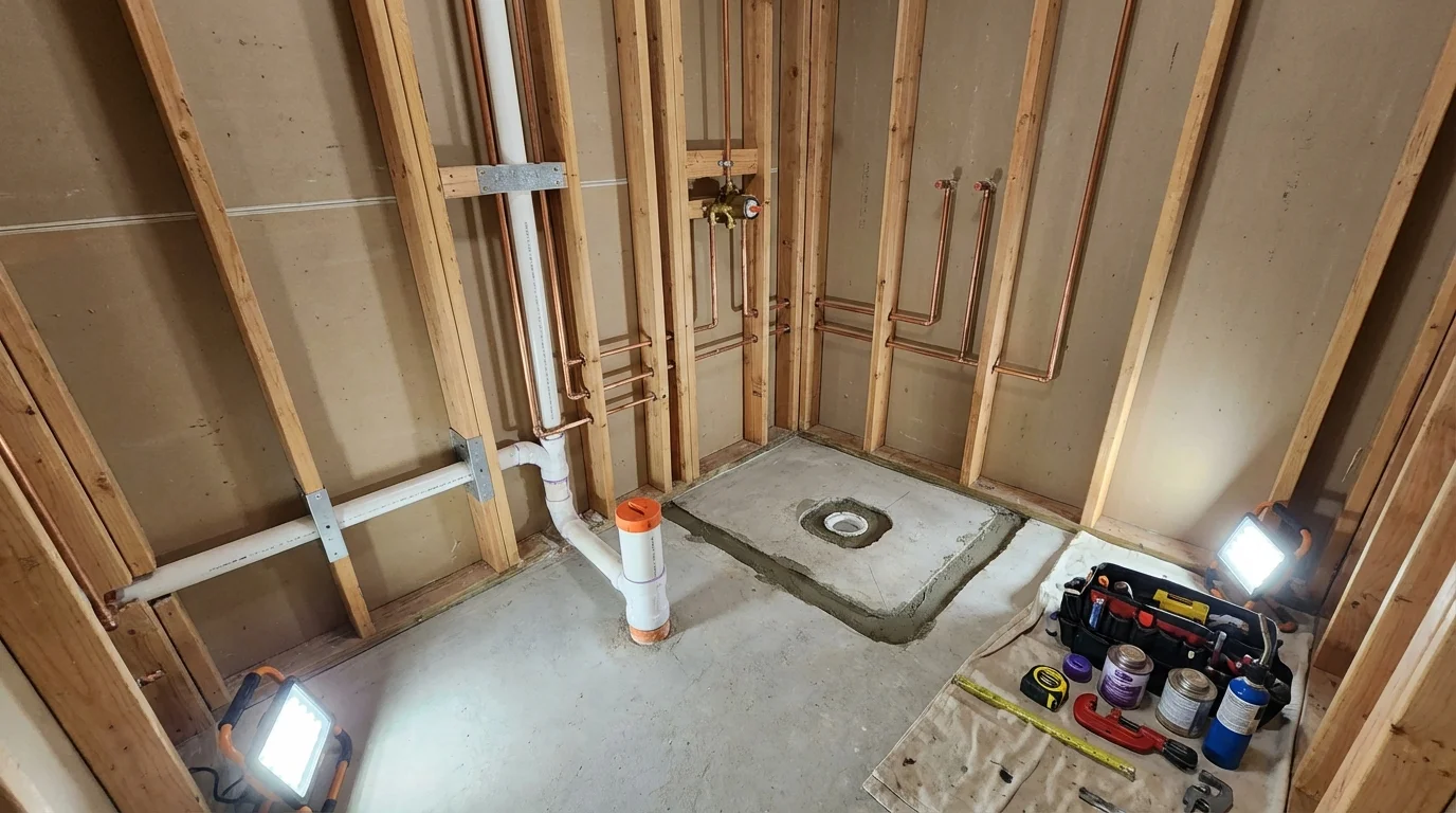 Bathroom rough-in plumbing during remodel by Johns Plumbing LLC in Rhinelander
