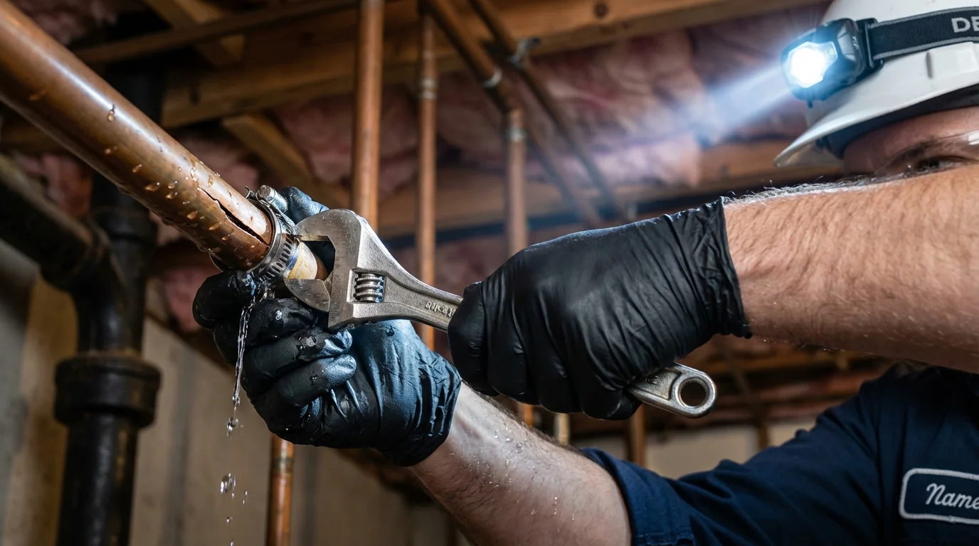 Emergency pipe clamp repair being performed by a Johns Plumbing LLC plumber in Rhinelander