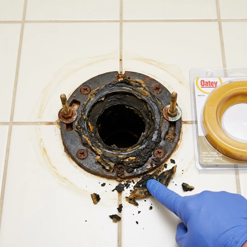 Failed wax ring showing water seepage at the base of a toilet in a Rhinelander, WI home